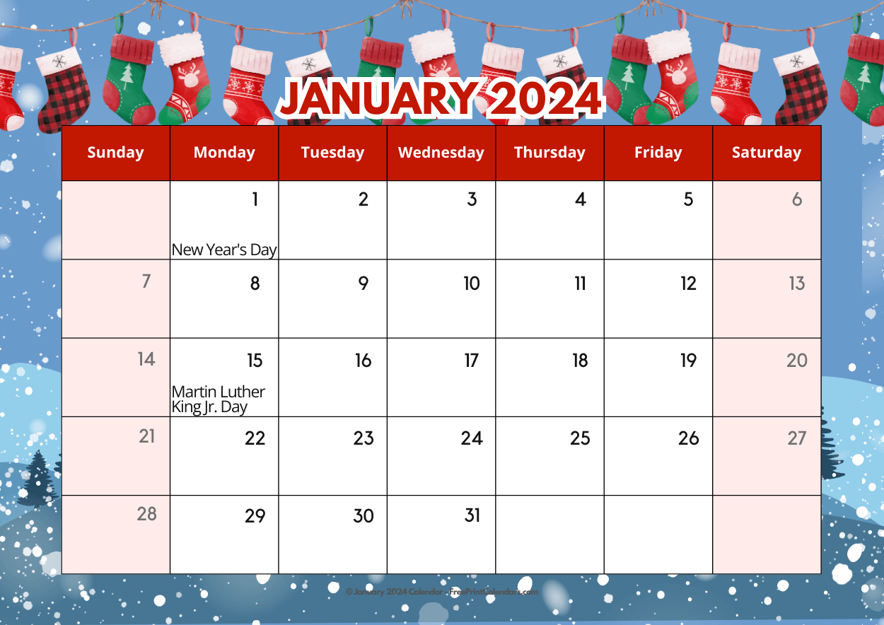 January 2024 Calendar with Holidays Free Printable