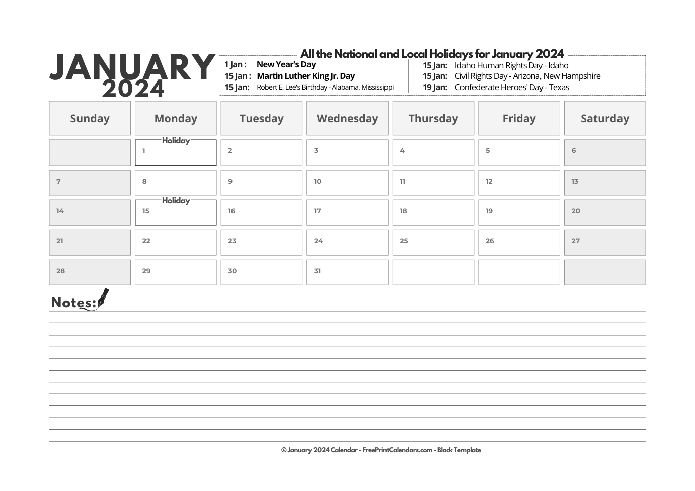 January 2024 Calendar with Holidays Free Printable